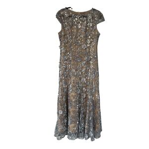 ANEWSTA Silver Sequin Floral Embroidered Midi Dress Cap Sleeve Nude Mesh Size M